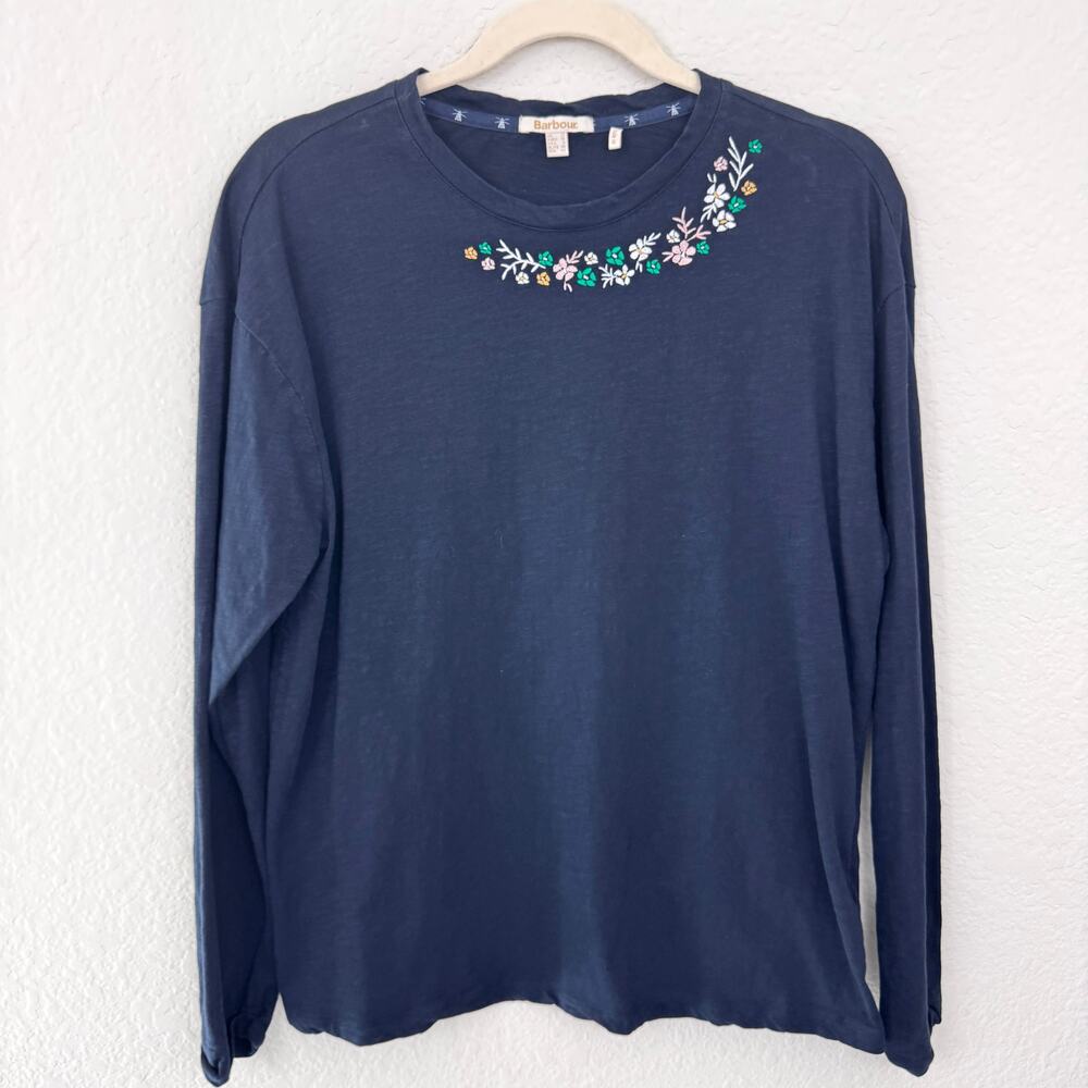 Barbour Women Amberley Long Sleeve T Shirt Top Size 8 Floral Embroidered Cotton